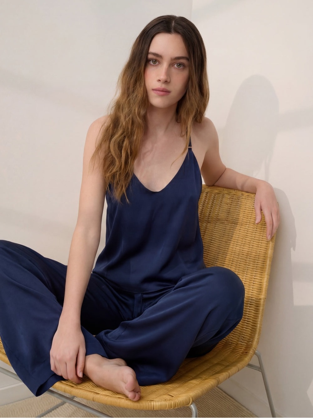 lunya Navy Silk Washable Pajama Set